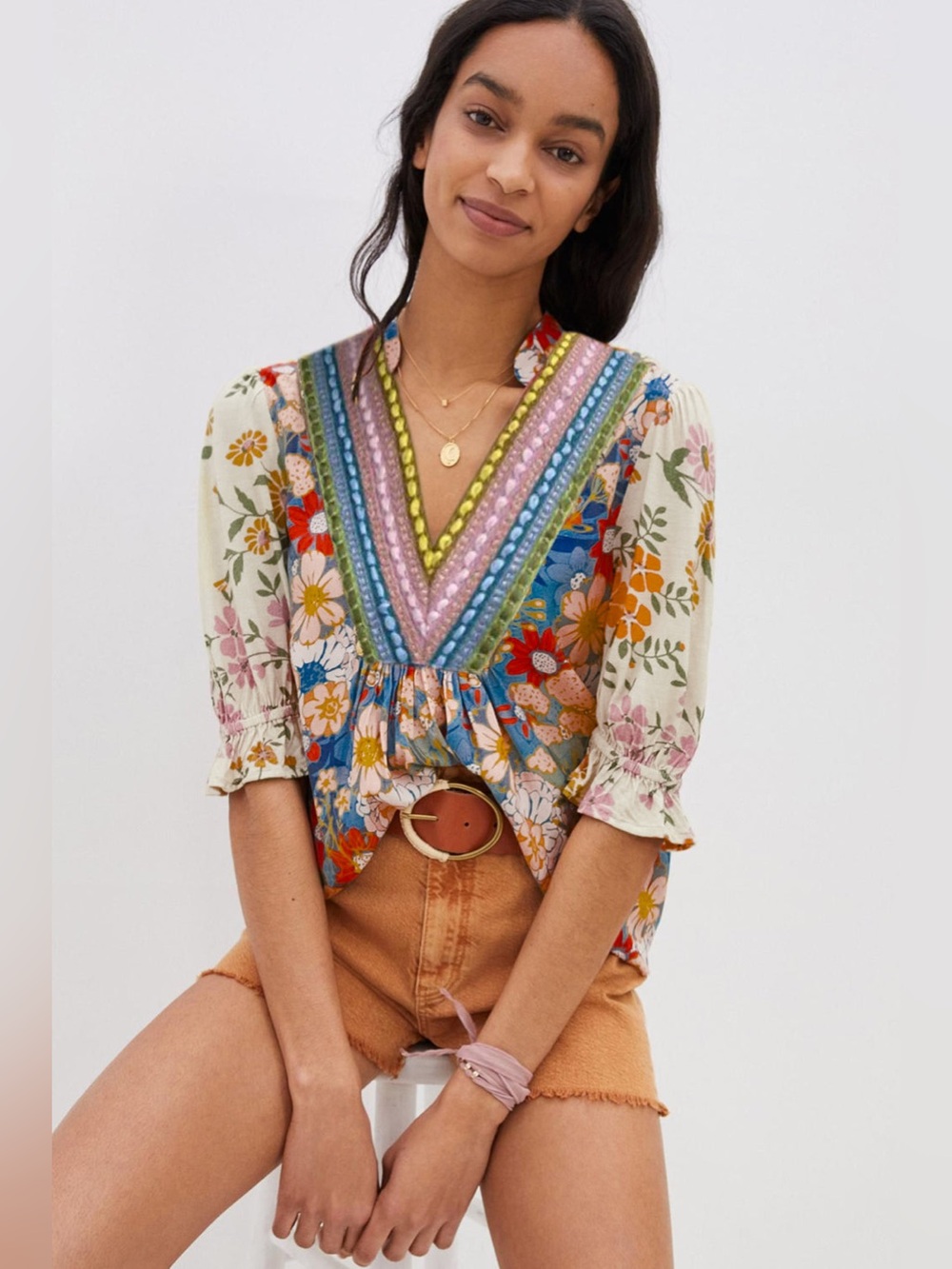 Anthropologie BI-nk Stephanie top boho flowers artsy Size Small - Picture 1 of 13